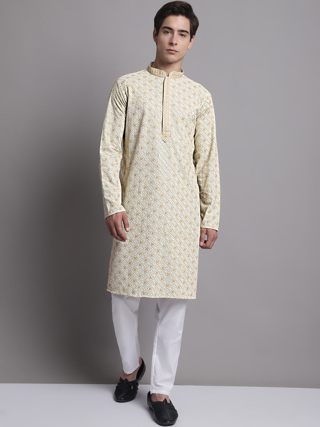 Jompers Men's Light Green Chikankari Embroidered and Sequence Kurta with Pyjama | Grocsy