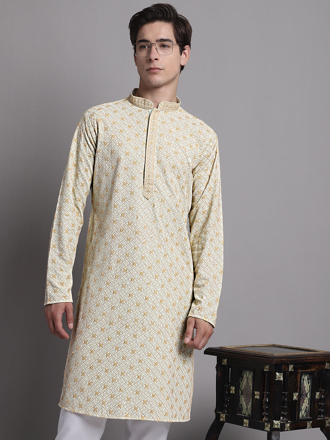 Jompers Men's Light Green Chikankari Embroidered and Sequence Kurta with Pyjama | Grocsy