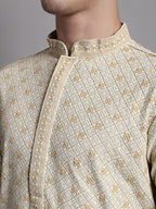 Jompers Men's Light Green Chikankari Embroidered and Sequence Kurta with Pyjama | Grocsy