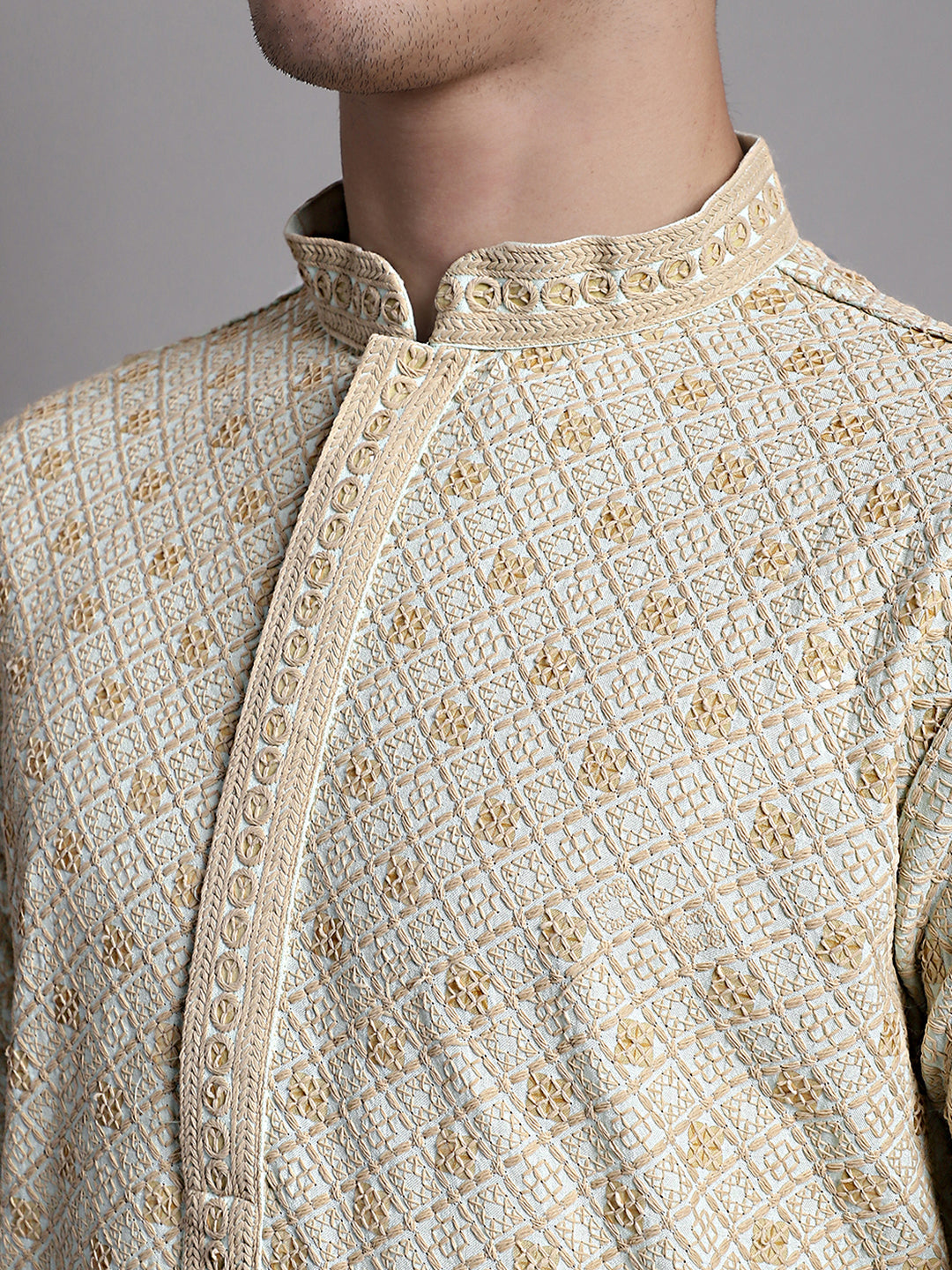 Jompers Men's Light Green Chikankari Embroidered and Sequence Kurta with Pyjama | Grocsy
