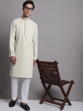 Jompers Men's Yellow Chikankari Embroidered and Sequence Kurta with Pyjama | Grocsy