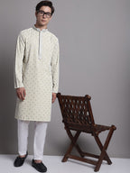 Jompers Men's Yellow Chikankari Embroidered and Sequence Kurta with Pyjama | Grocsy