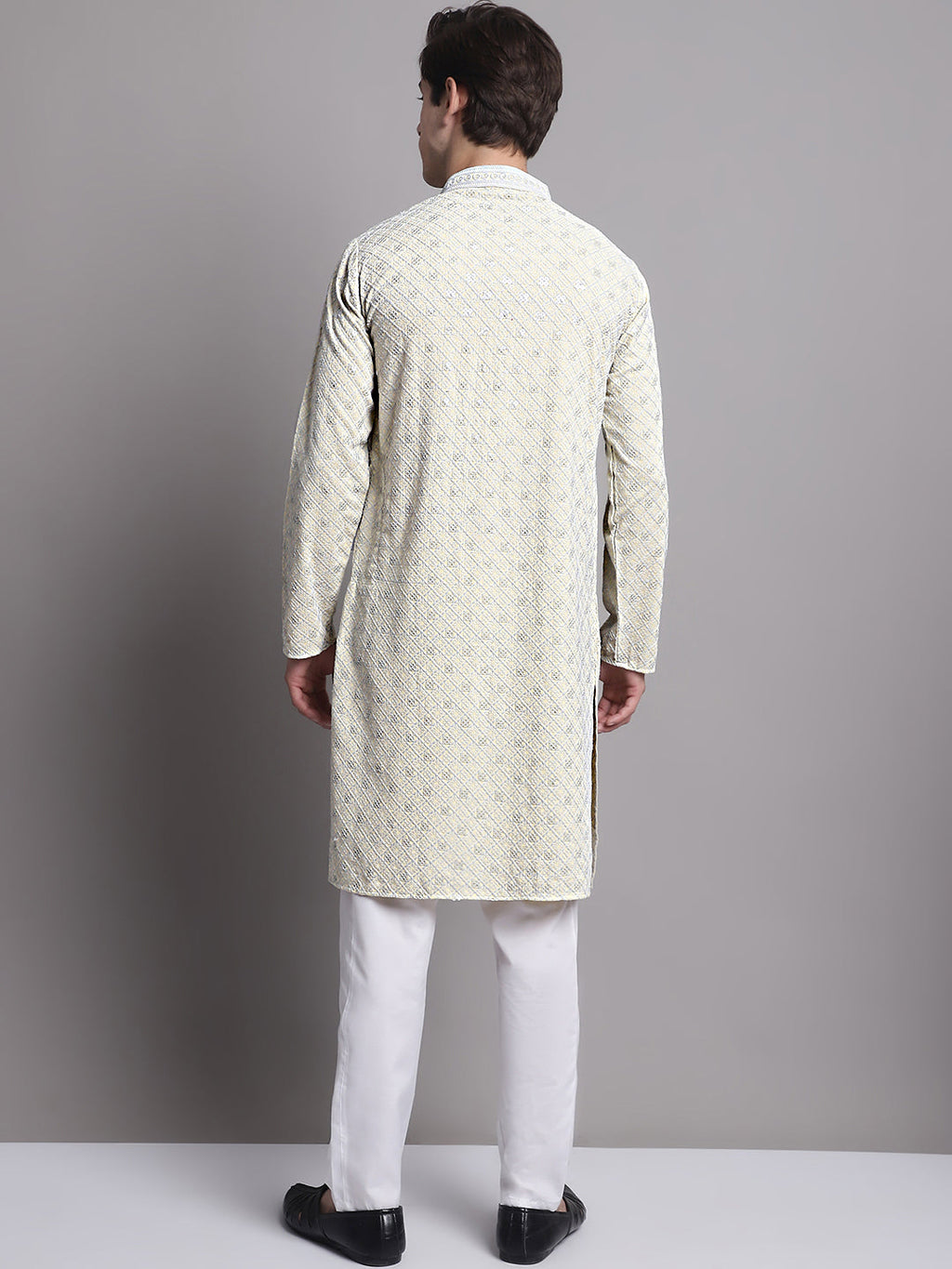 Jompers Men's Yellow Chikankari Embroidered and Sequence Kurta with Pyjama | Grocsy