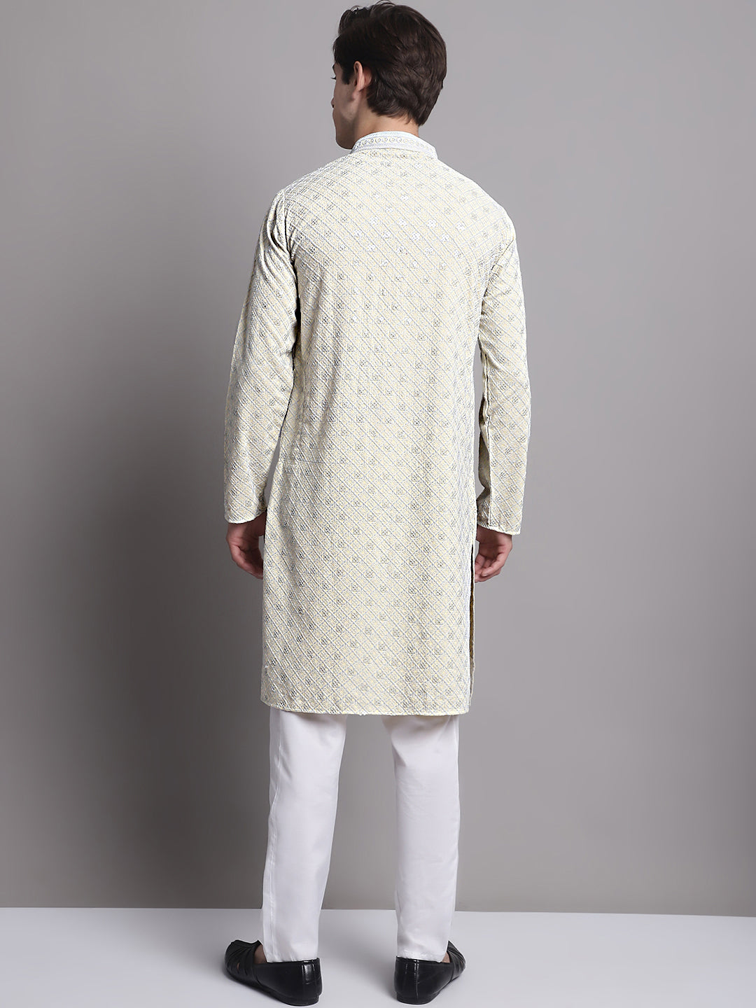 Jompers Men's Yellow Chikankari Embroidered and Sequence Kurta with Pyjama | Grocsy