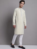 Jompers Men's Yellow Chikankari Embroidered and Sequence Kurta with Pyjama | Grocsy