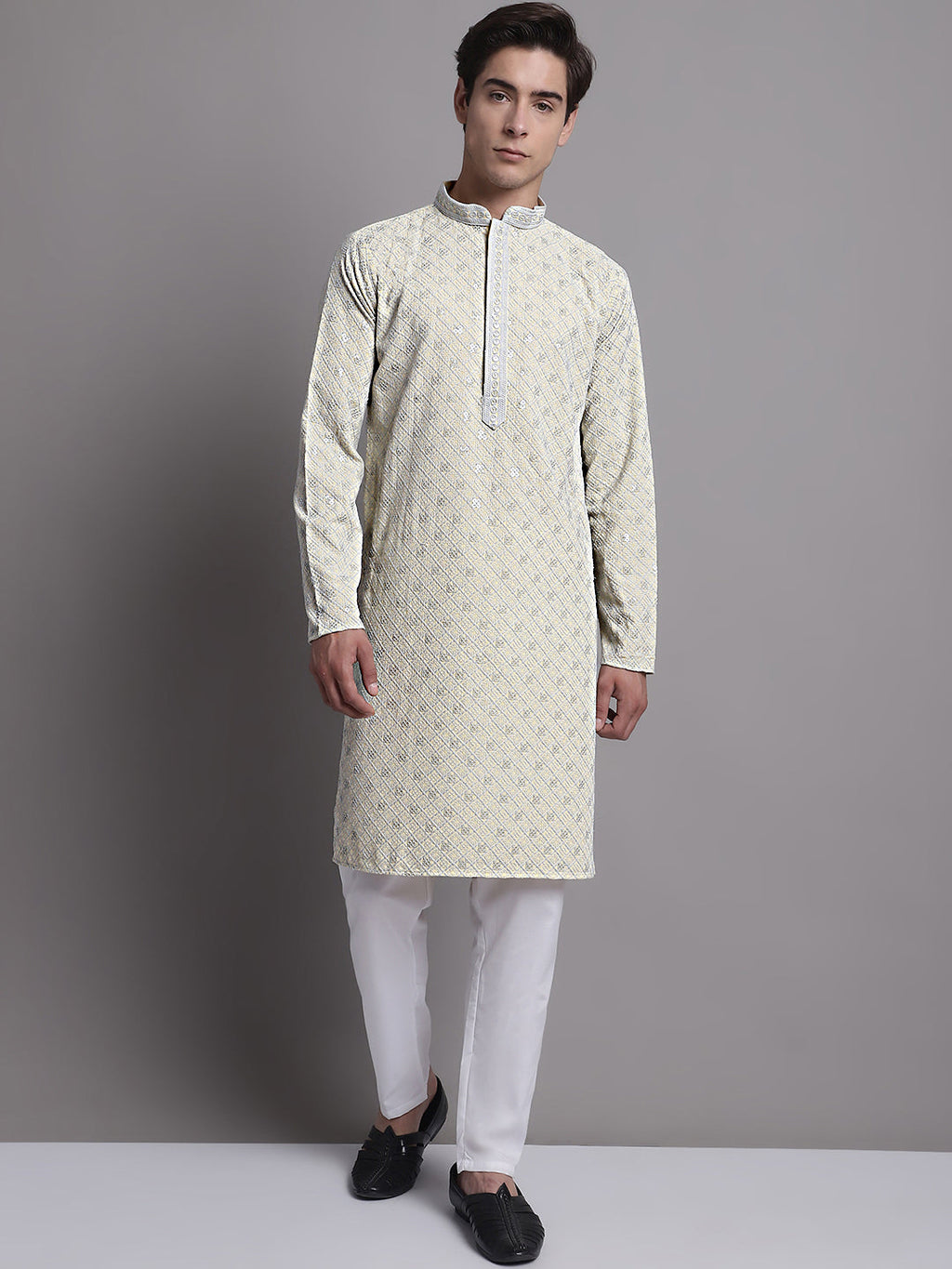 Jompers Men's Yellow Chikankari Embroidered and Sequence Kurta with Pyjama | Grocsy