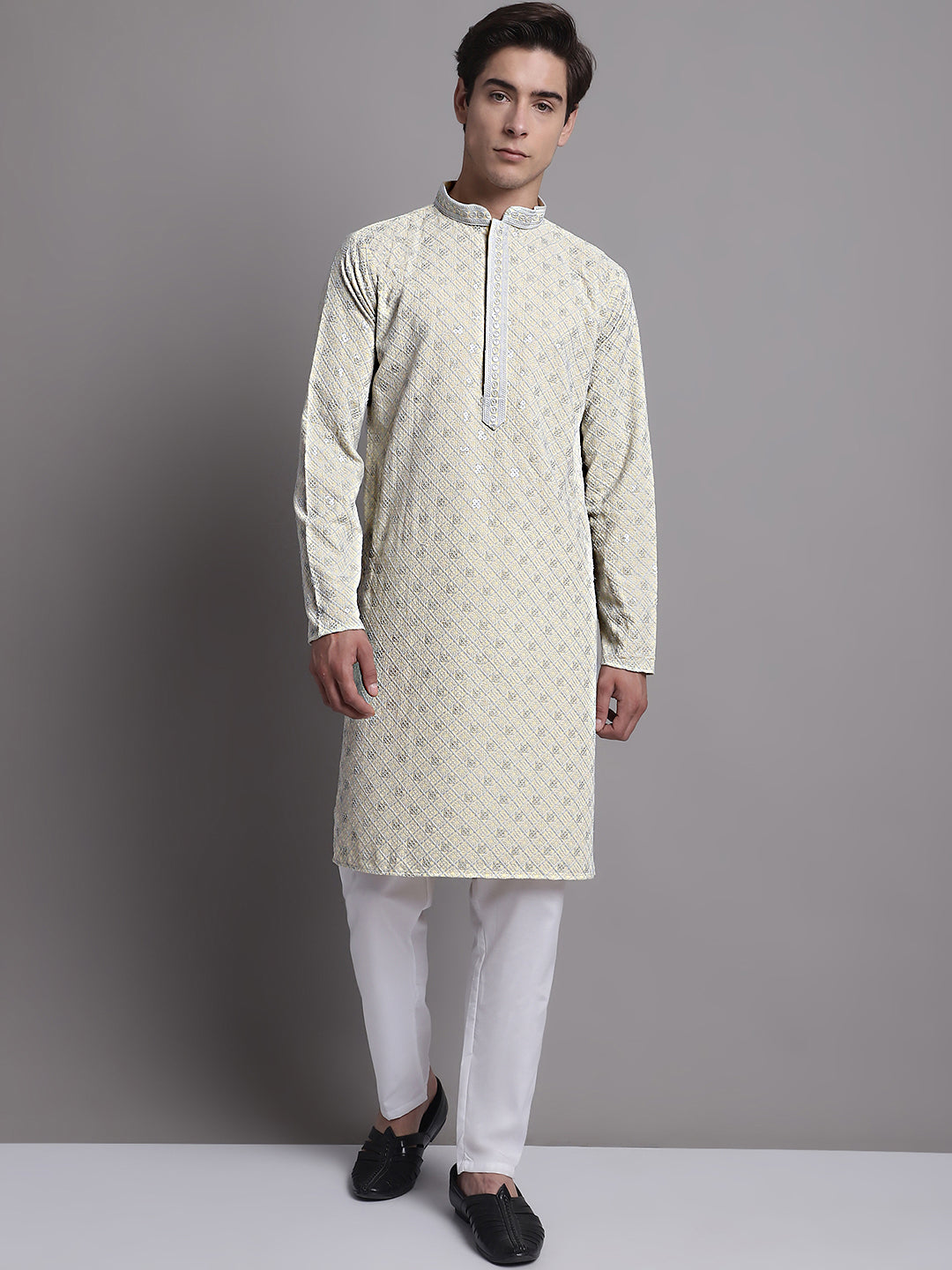 Jompers Men's Yellow Chikankari Embroidered and Sequence Kurta with Pyjama | Grocsy