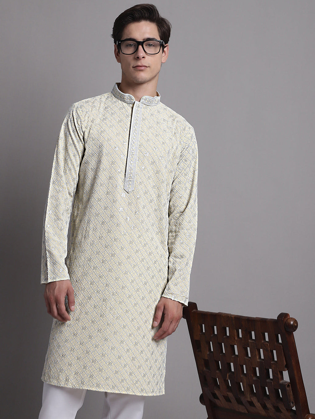 Jompers Men's Yellow Chikankari Embroidered and Sequence Kurta with Pyjama | Grocsy