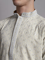 Jompers Men's Yellow Chikankari Embroidered and Sequence Kurta with Pyjama | Grocsy