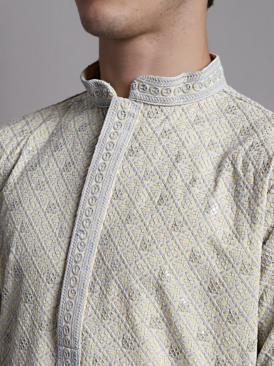 Jompers Men's Yellow Chikankari Embroidered and Sequence Kurta with Pyjama | Grocsy