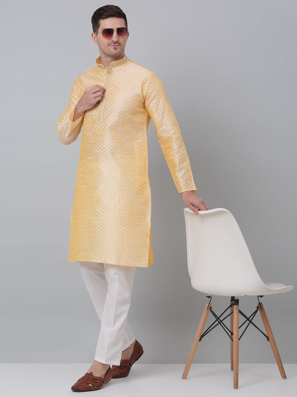 Jompers Men's Golden Collar Embroidered Kurta with Pyjama | Grocsy