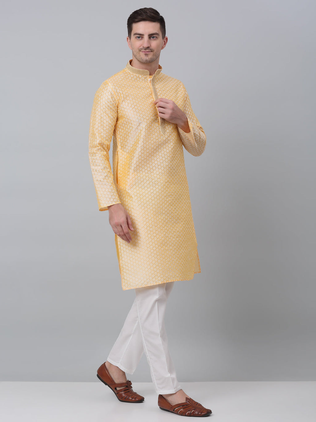 Jompers Men's Golden Collar Embroidered Kurta with Pyjama | Grocsy
