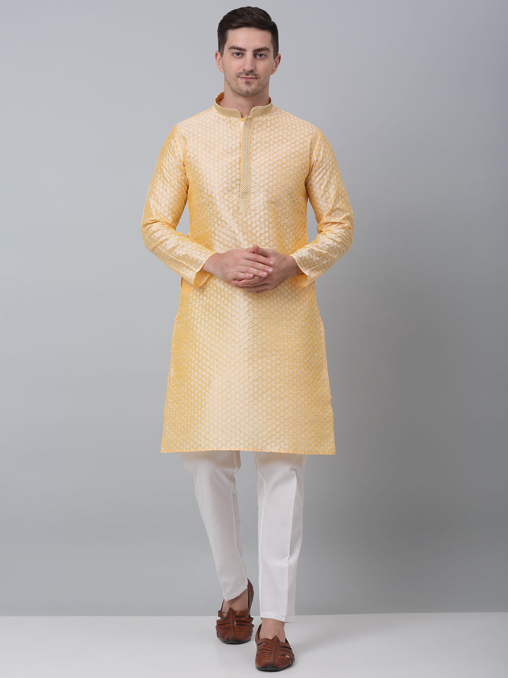 Jompers Men's Golden Collar Embroidered Kurta with Pyjama | Grocsy
