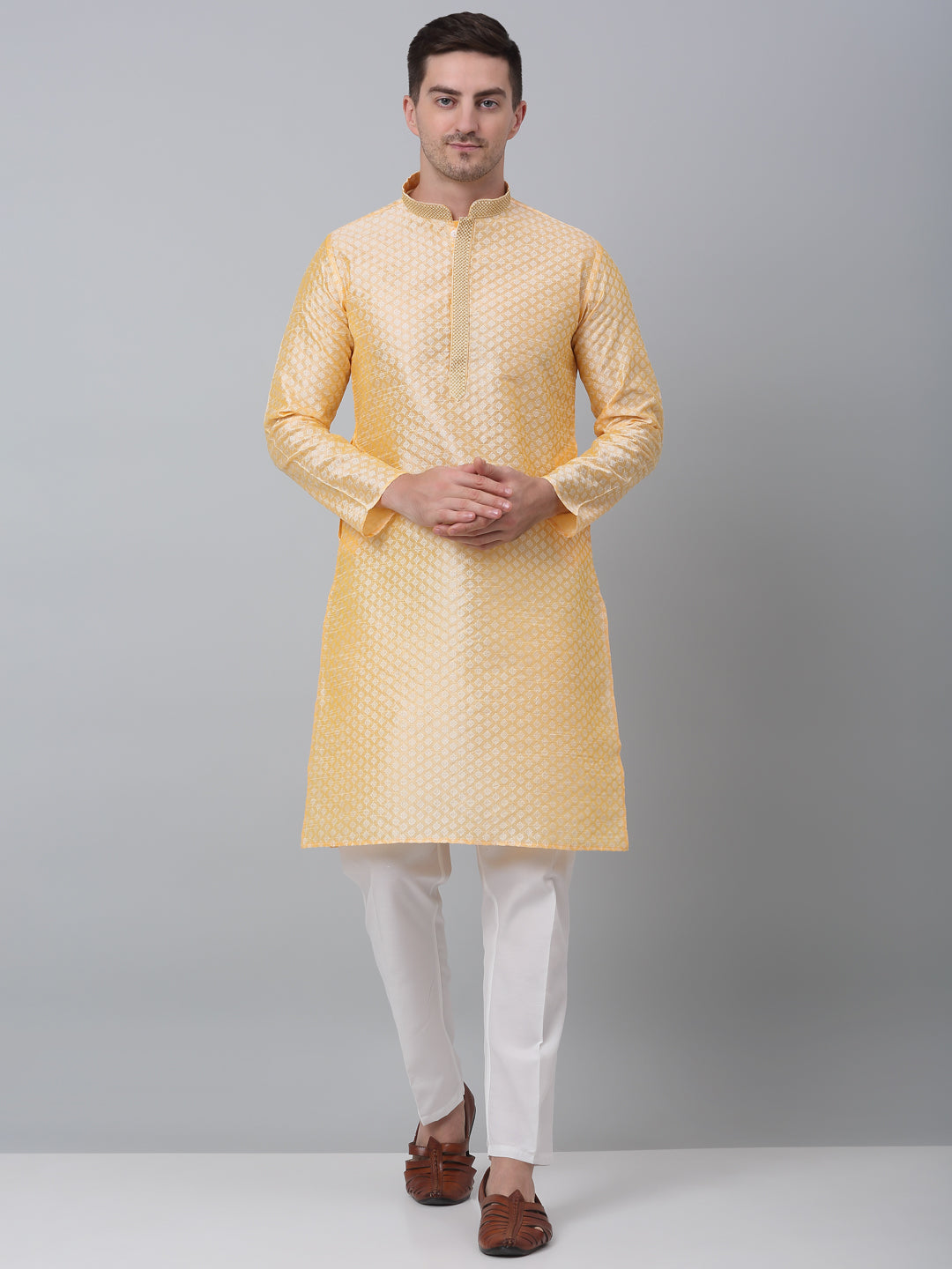 Jompers Men's Golden Collar Embroidered Kurta with Pyjama | Grocsy