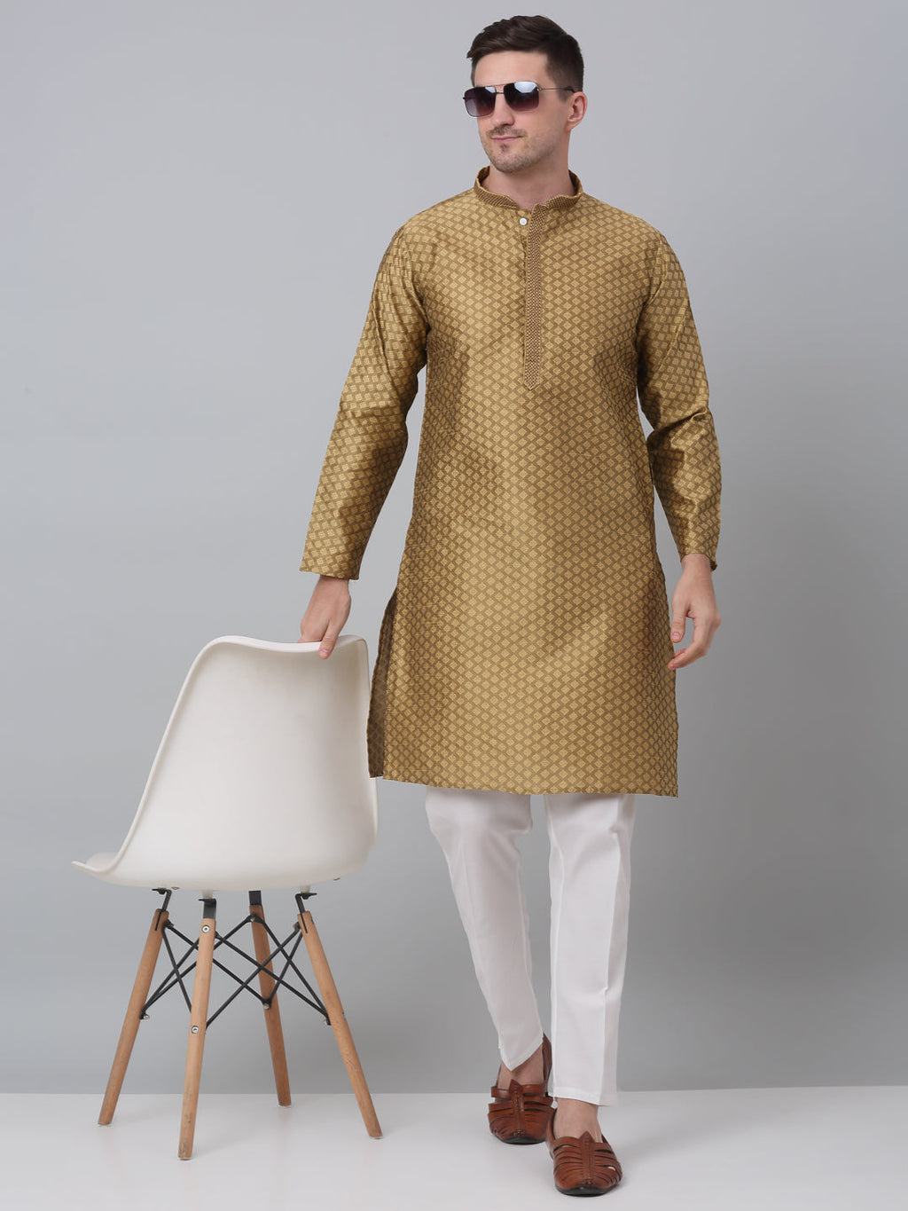 Jompers Men's Mustard Collar Embroidered Kurta with Pyjama | Grocsy