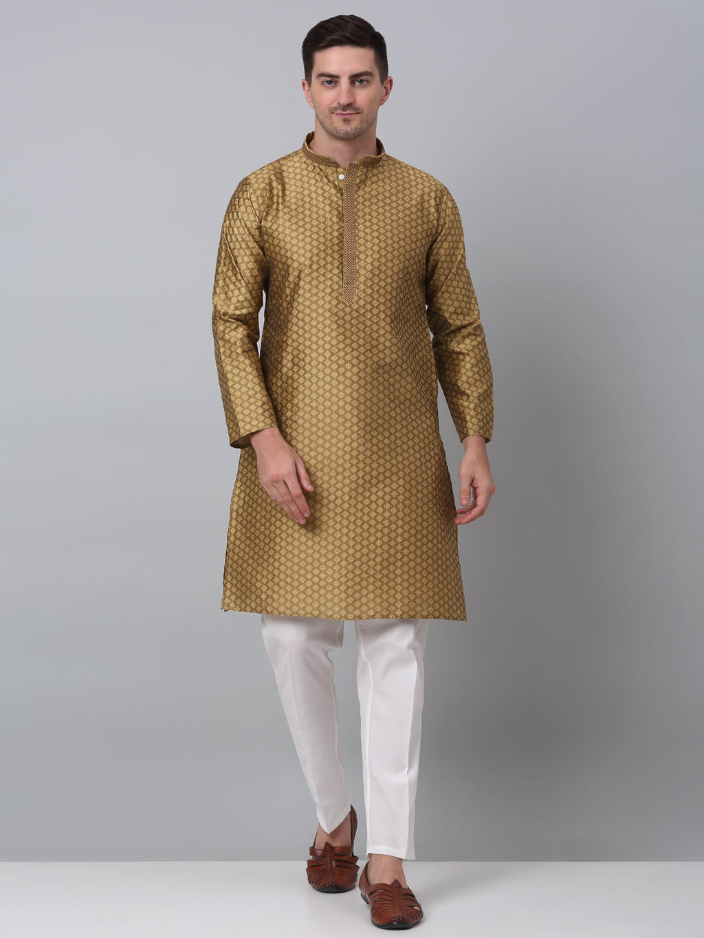 Jompers Men's Mustard Collar Embroidered Kurta with Pyjama | Grocsy