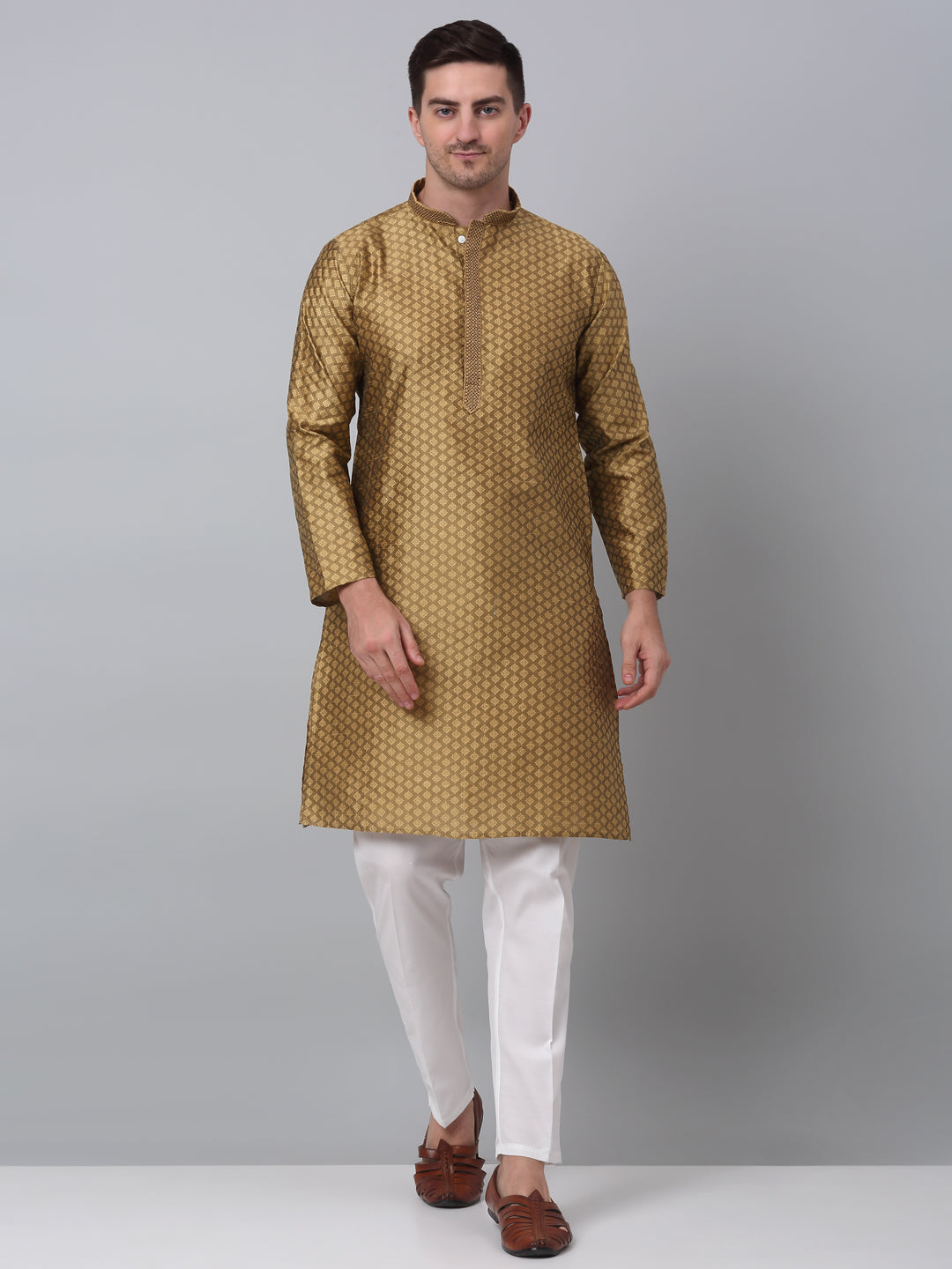 Jompers Men's Mustard Collar Embroidered Kurta with Pyjama | Grocsy