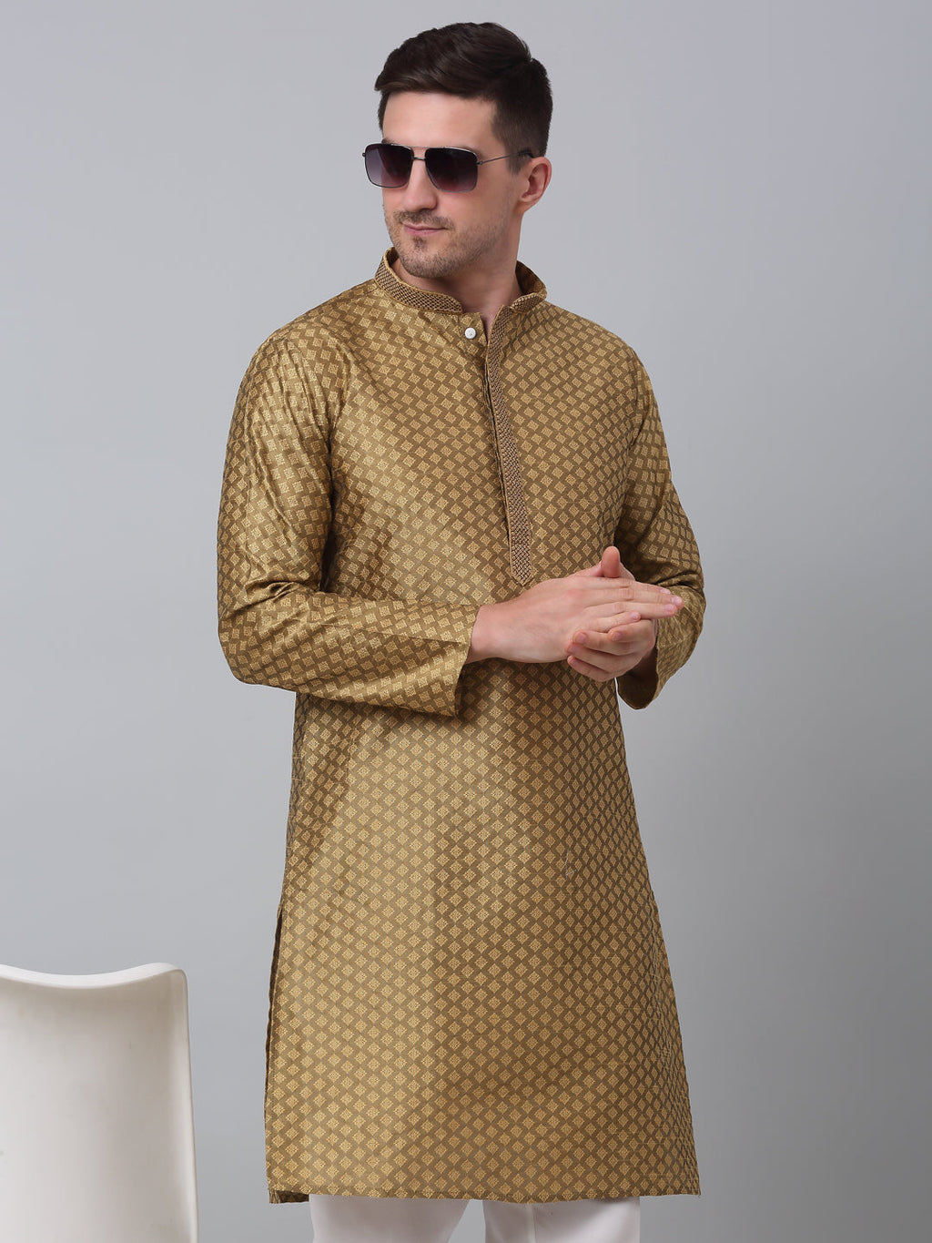 Jompers Men's Mustard Collar Embroidered Kurta with Pyjama | Grocsy