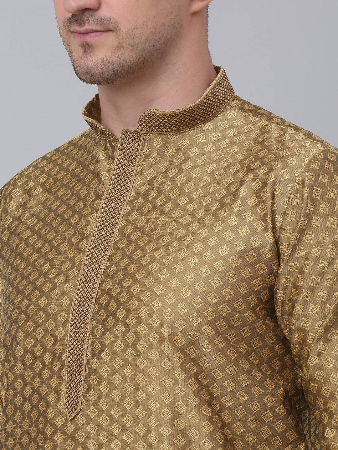 Jompers Men's Mustard Collar Embroidered Kurta with Pyjama | Grocsy