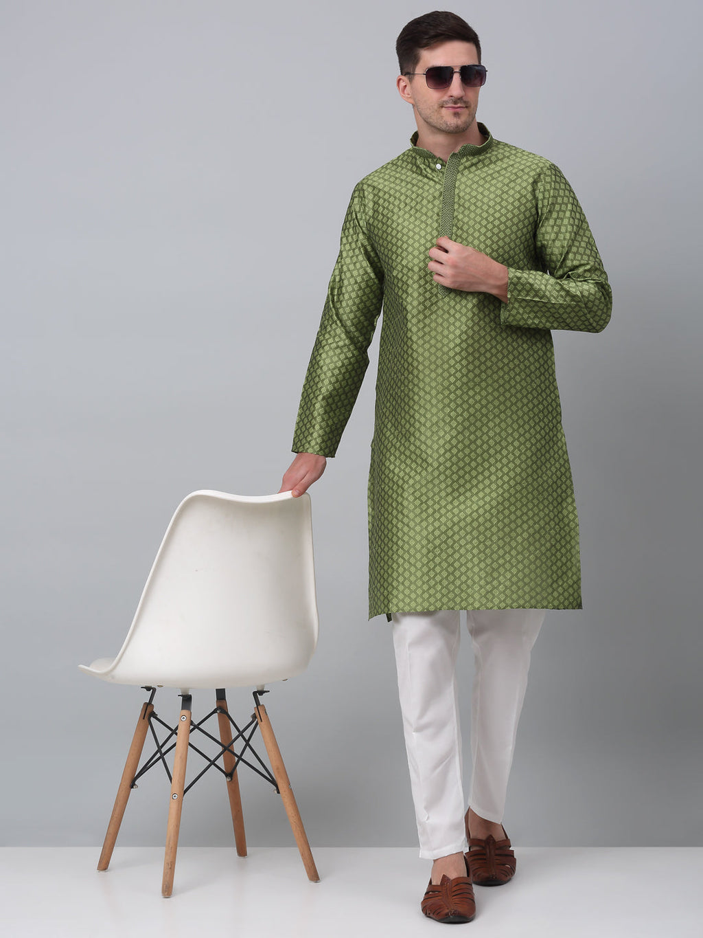 Jompers Men's Olive Green Collar Embroidered Kurta with Pyjama | Grocsy