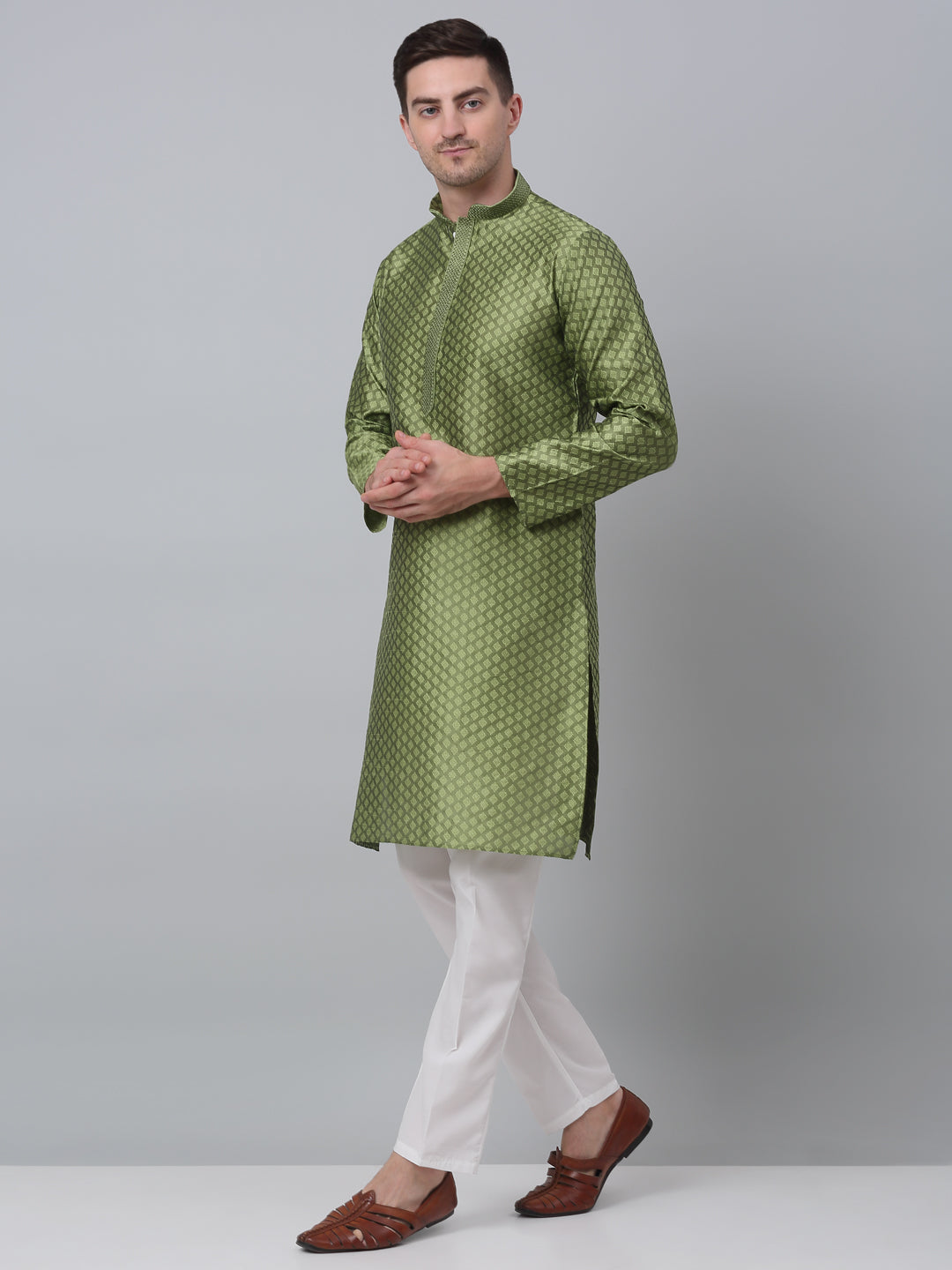 Jompers Men's Olive Green Collar Embroidered Kurta with Pyjama | Grocsy