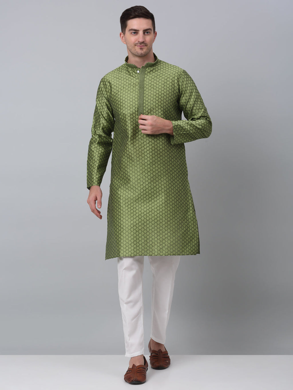 Jompers Men's Olive Green Collar Embroidered Kurta with Pyjama | Grocsy