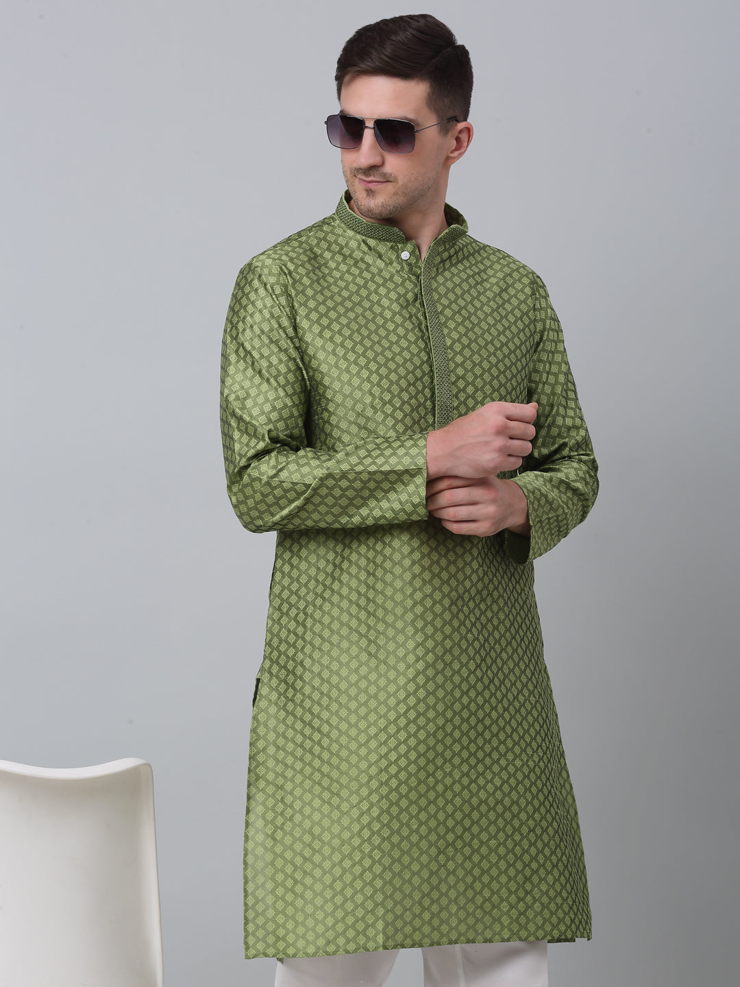 Jompers Men's Olive Green Collar Embroidered Kurta with Pyjama | Grocsy