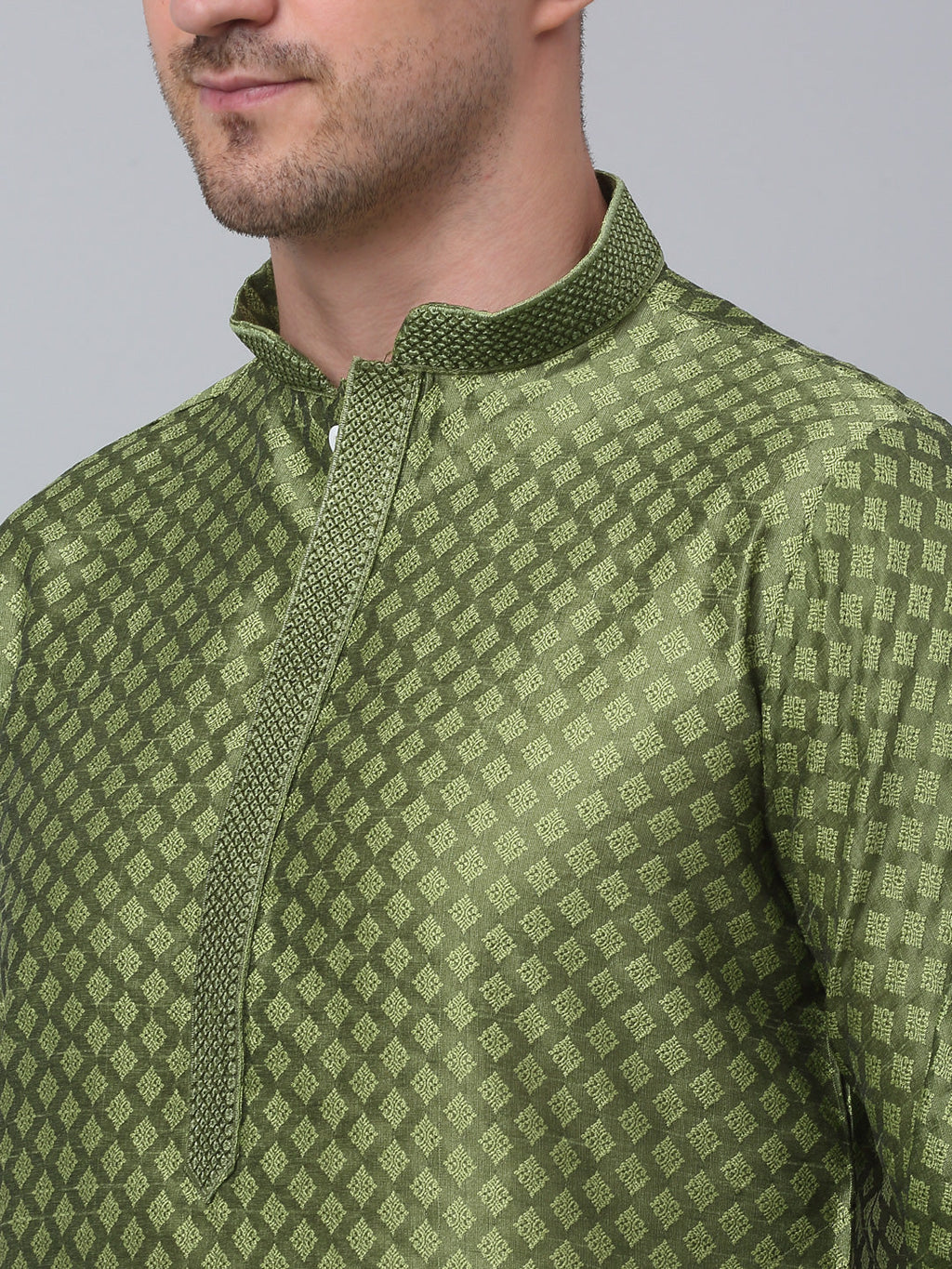 Jompers Men's Olive Green Collar Embroidered Kurta with Pyjama | Grocsy