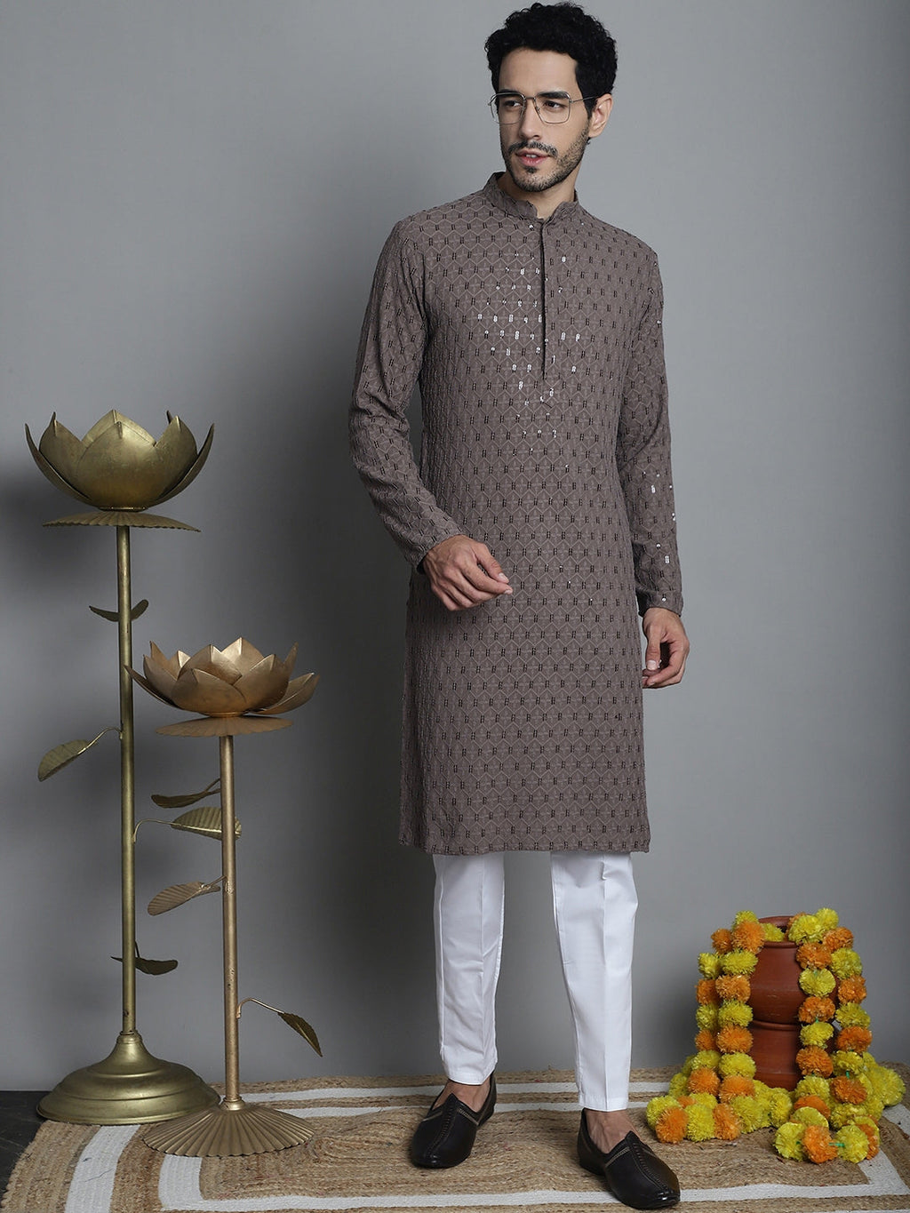 Jompers Men's Chikankari Embroidered and Sequence Kurta with Pyjama - Brown | Grocsy