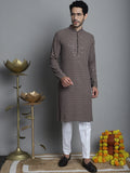 Jompers Men's Chikankari Embroidered and Sequence Kurta with Pyjama - Brown | Grocsy