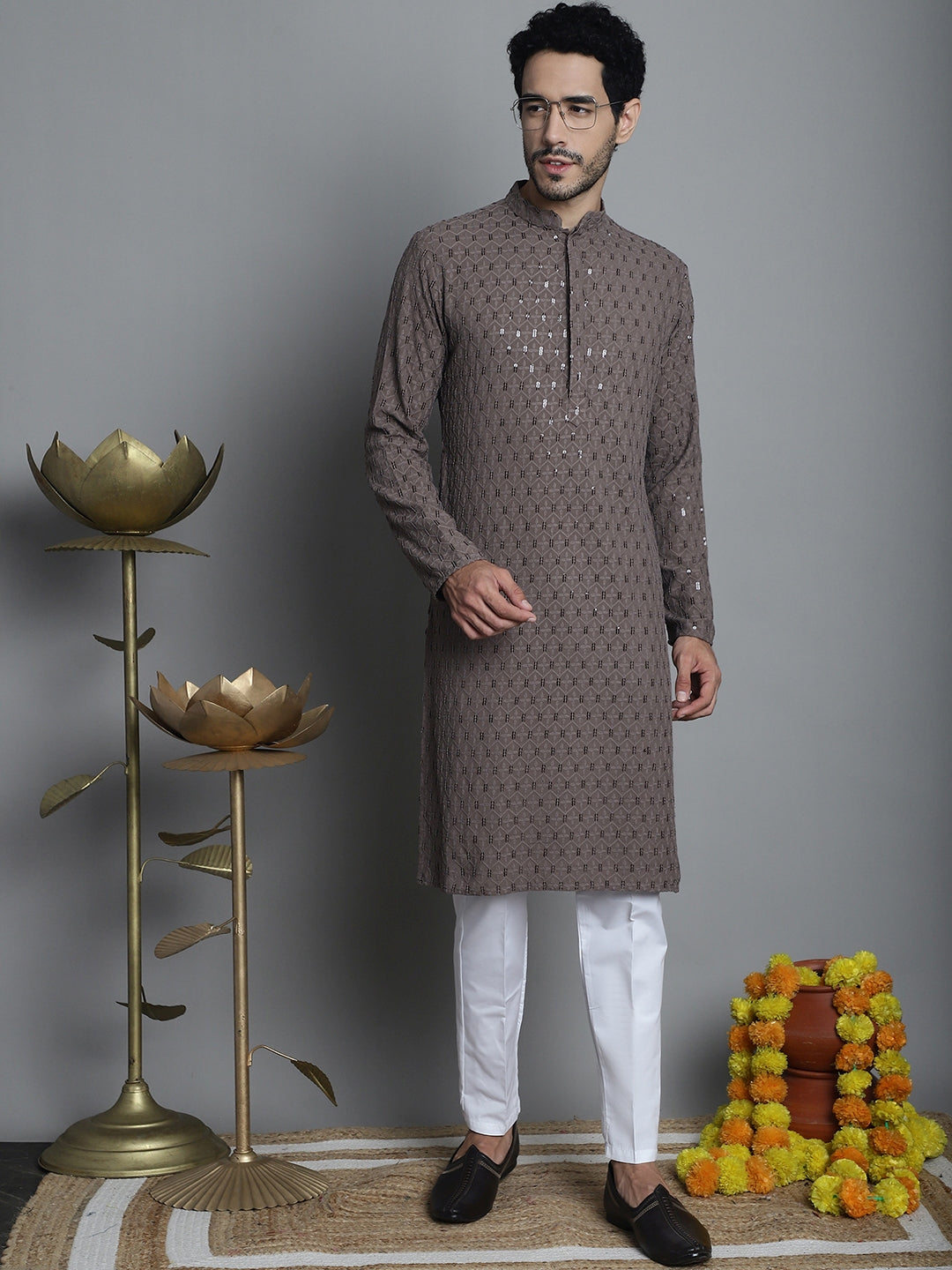 Jompers Men's Chikankari Embroidered and Sequence Kurta with Pyjama - Brown | Grocsy