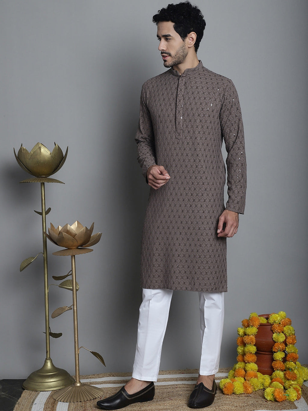 Jompers Men's Chikankari Embroidered and Sequence Kurta with Pyjama - Brown | Grocsy
