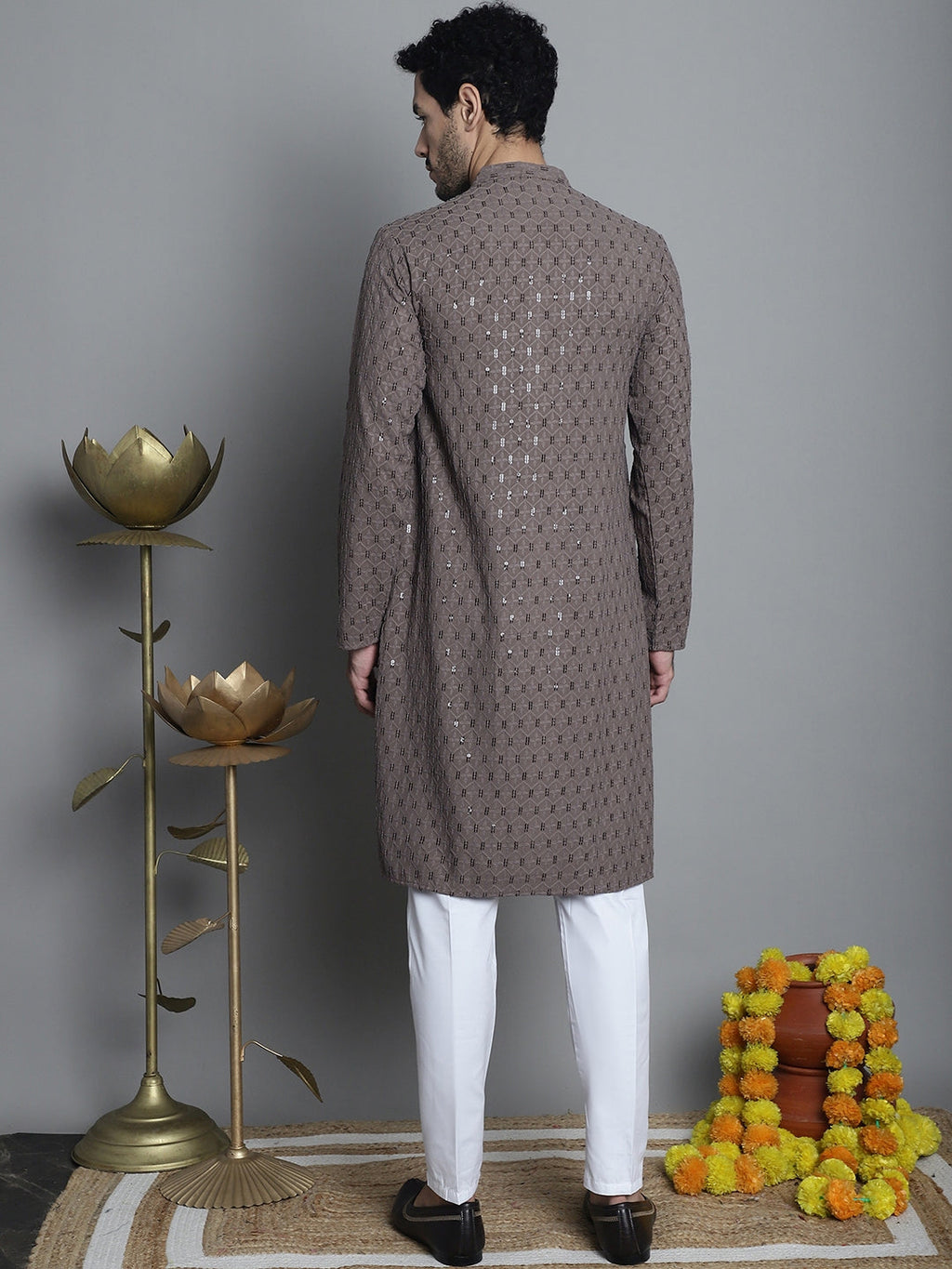 Jompers Men's Chikankari Embroidered and Sequence Kurta with Pyjama - Brown | Grocsy