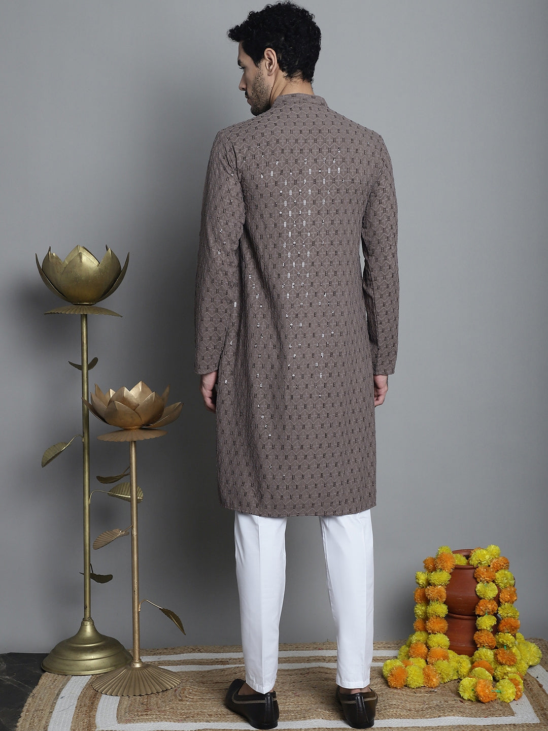 Jompers Men's Chikankari Embroidered and Sequence Kurta with Pyjama - Brown | Grocsy