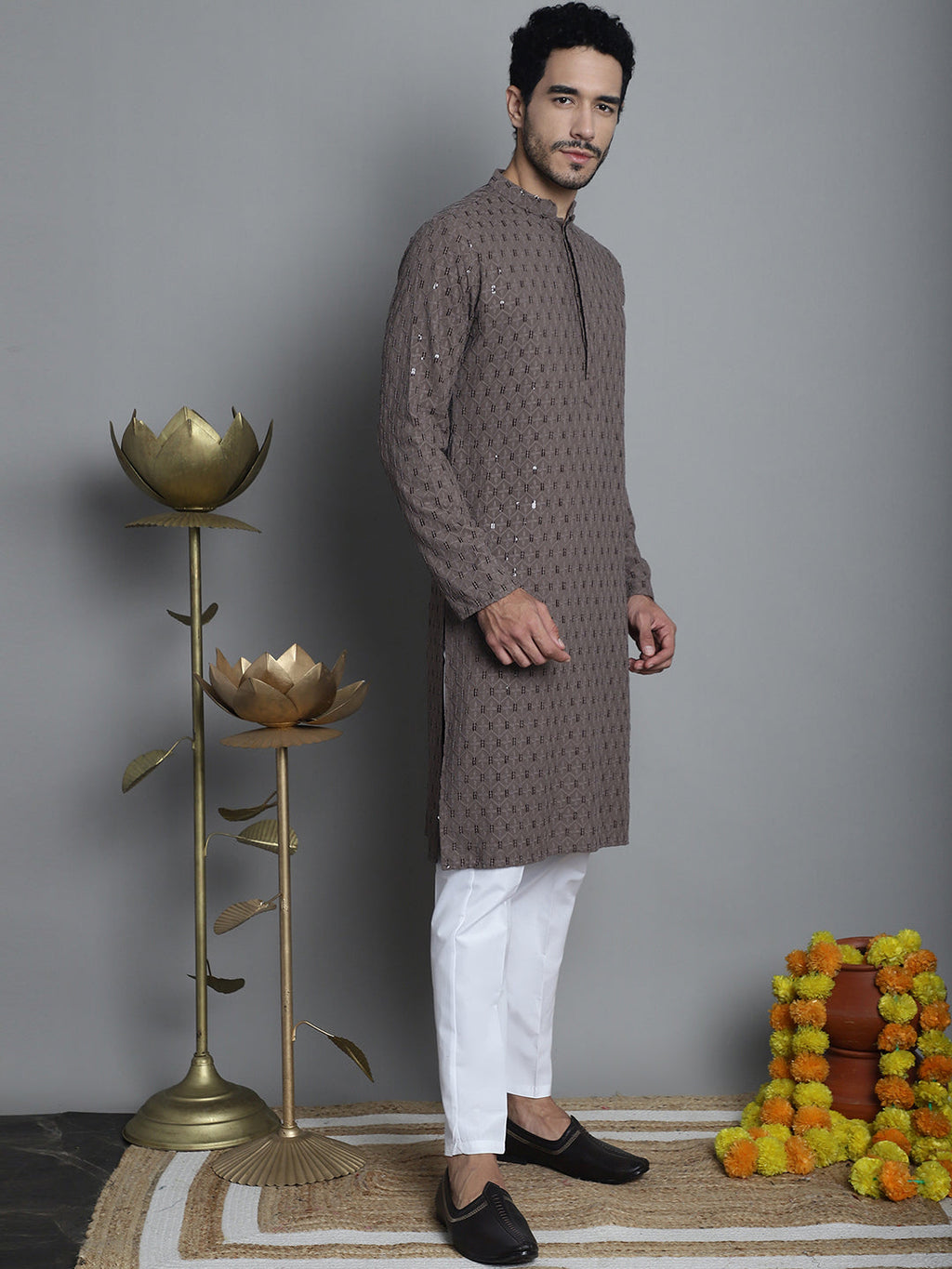Jompers Men's Chikankari Embroidered and Sequence Kurta with Pyjama - Brown | Grocsy
