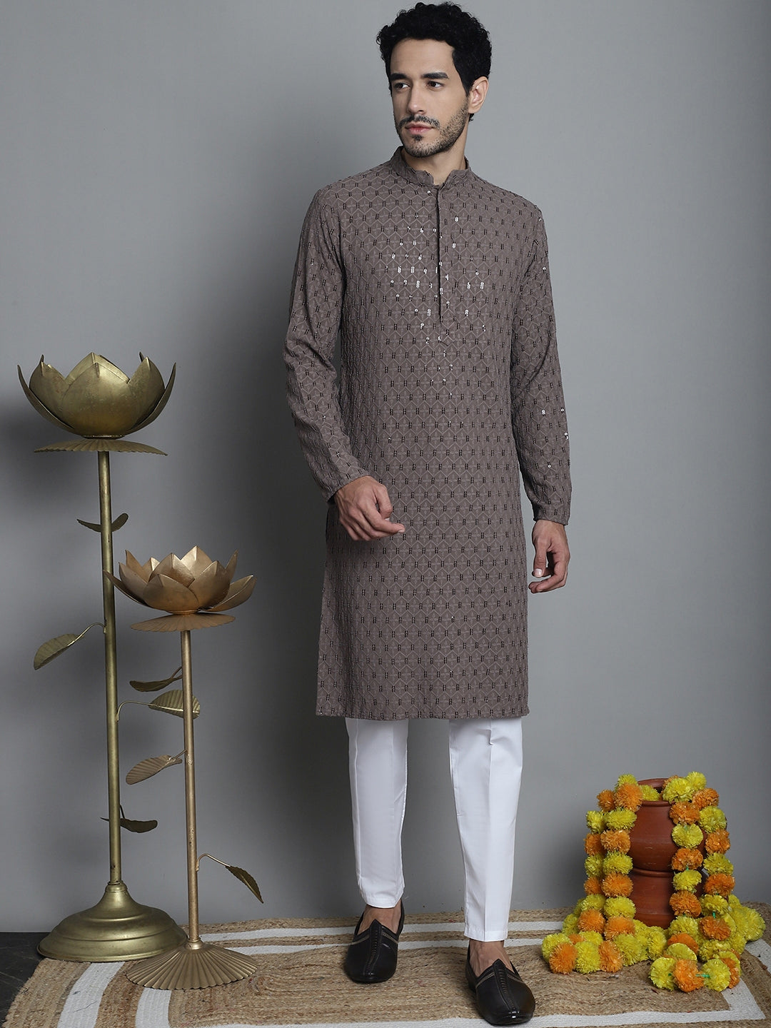 Jompers Men's Chikankari Embroidered and Sequence Kurta with Pyjama - Brown | Grocsy
