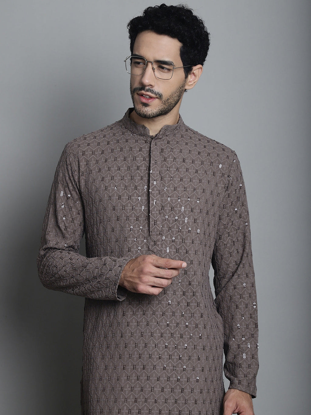 Jompers Men's Chikankari Embroidered and Sequence Kurta with Pyjama - Brown | Grocsy