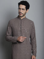 Jompers Men's Chikankari Embroidered and Sequence Kurta with Pyjama - Brown | Grocsy
