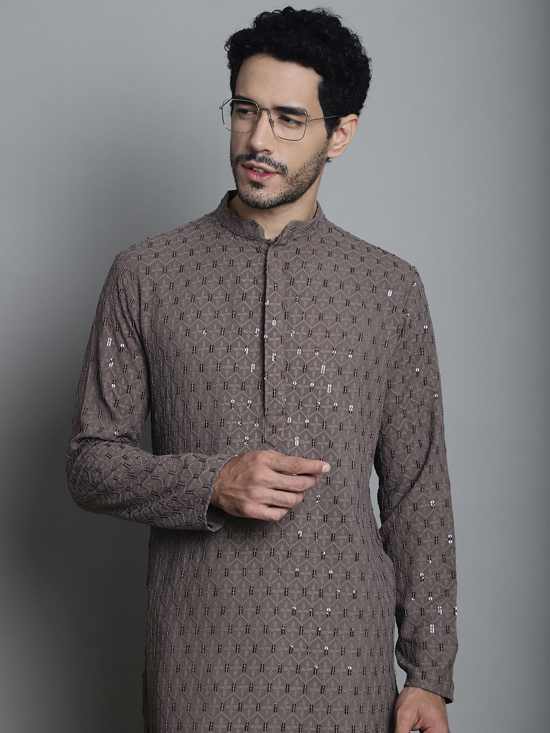 Jompers Men's Chikankari Embroidered and Sequence Kurta with Pyjama - Brown | Grocsy