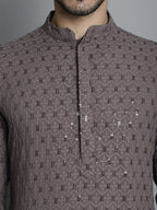 Jompers Men's Chikankari Embroidered and Sequence Kurta with Pyjama - Brown | Grocsy