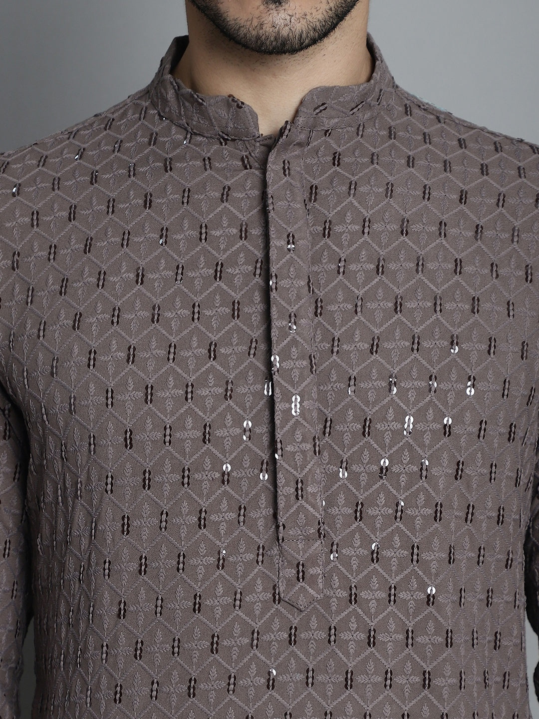 Jompers Men's Chikankari Embroidered and Sequence Kurta with Pyjama - Brown | Grocsy