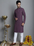 Jompers Men's Chikankari Embroidered and Sequence Kurta with Pyjama - Purple | Grocsy