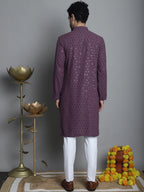 Jompers Men's Chikankari Embroidered and Sequence Kurta with Pyjama - Purple | Grocsy