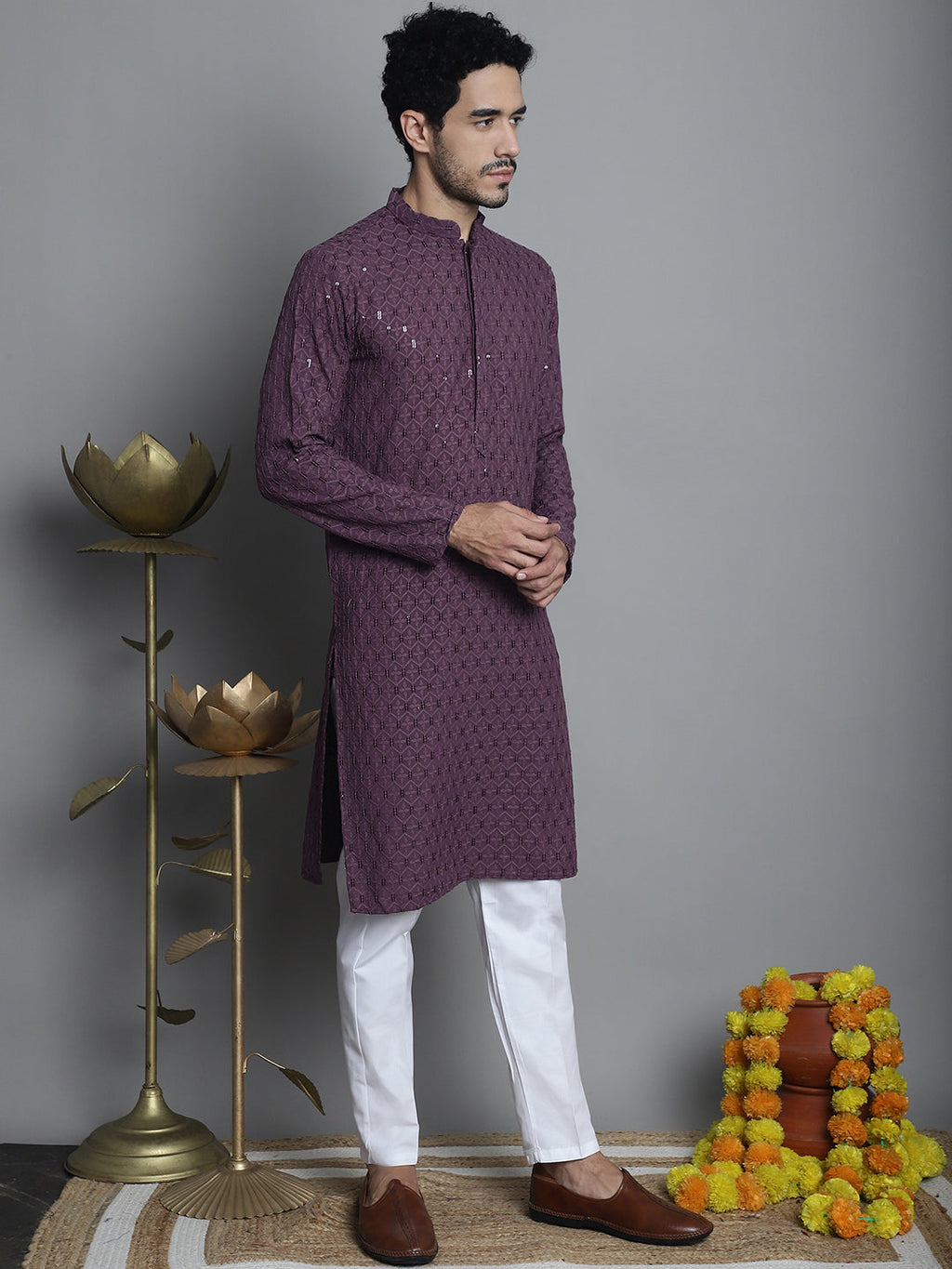 Jompers Men's Chikankari Embroidered and Sequence Kurta with Pyjama - Purple | Grocsy