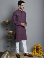 Jompers Men's Chikankari Embroidered and Sequence Kurta with Pyjama - Purple | Grocsy