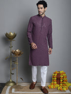 Jompers Men's Chikankari Embroidered and Sequence Kurta with Pyjama - Purple | Grocsy
