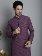 Jompers Men's Chikankari Embroidered and Sequence Kurta with Pyjama - Purple | Grocsy