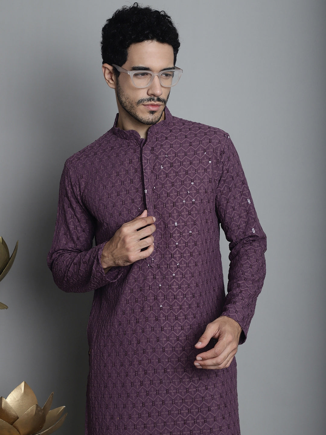Jompers Men's Chikankari Embroidered and Sequence Kurta with Pyjama - Purple | Grocsy