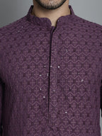Jompers Men's Chikankari Embroidered and Sequence Kurta with Pyjama - Purple | Grocsy