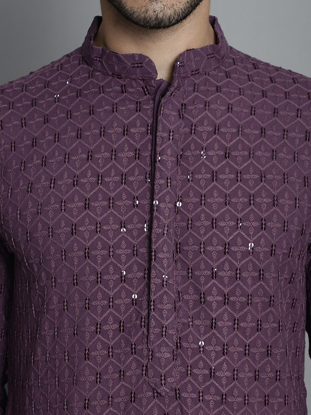 Jompers Men's Chikankari Embroidered and Sequence Kurta with Pyjama - Purple | Grocsy